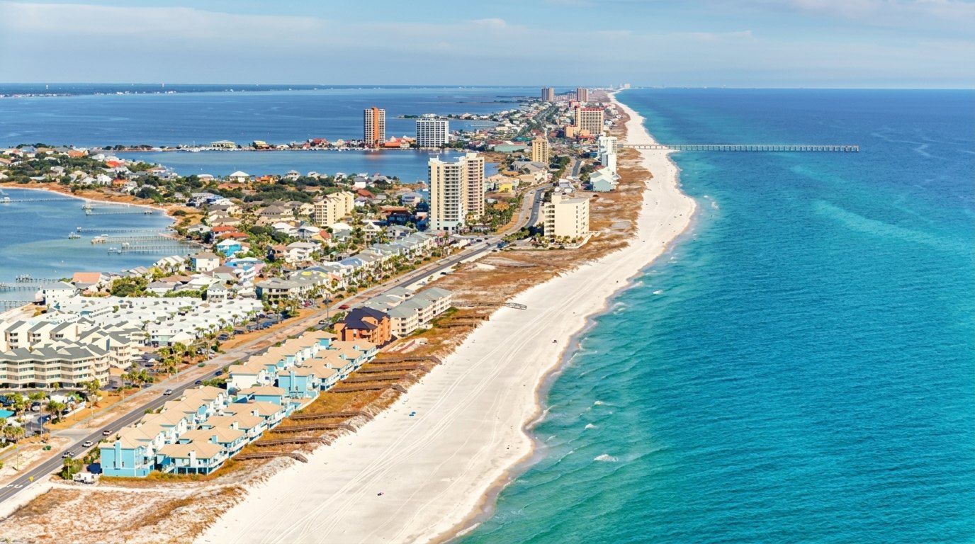 aerial view of the beach near the city.