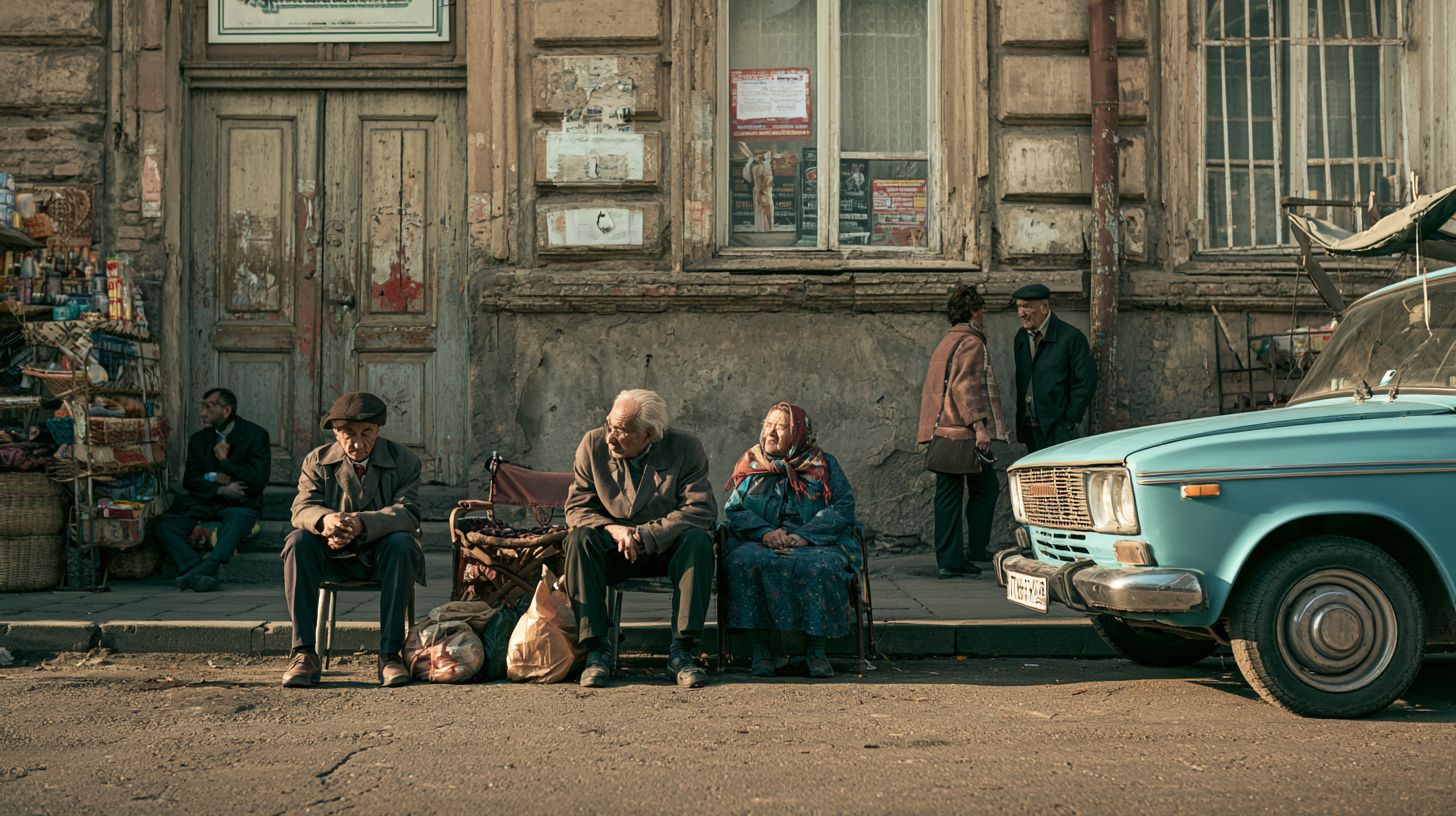 Elderly people sitting on chairs outside an old building on a street in Georgia.