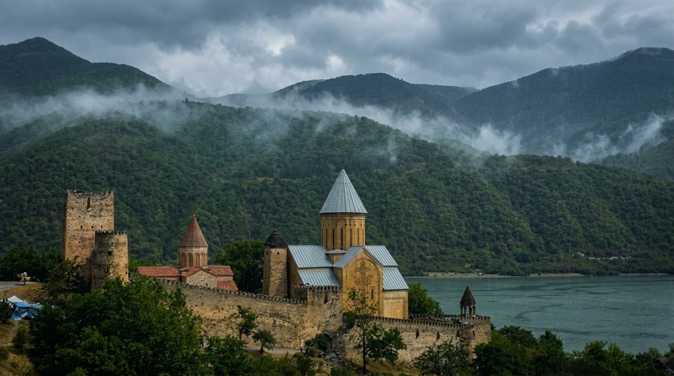 Ancient stone monastery and fortress on lakeside mountain surrounded by misty forest, romantic Georgia destination