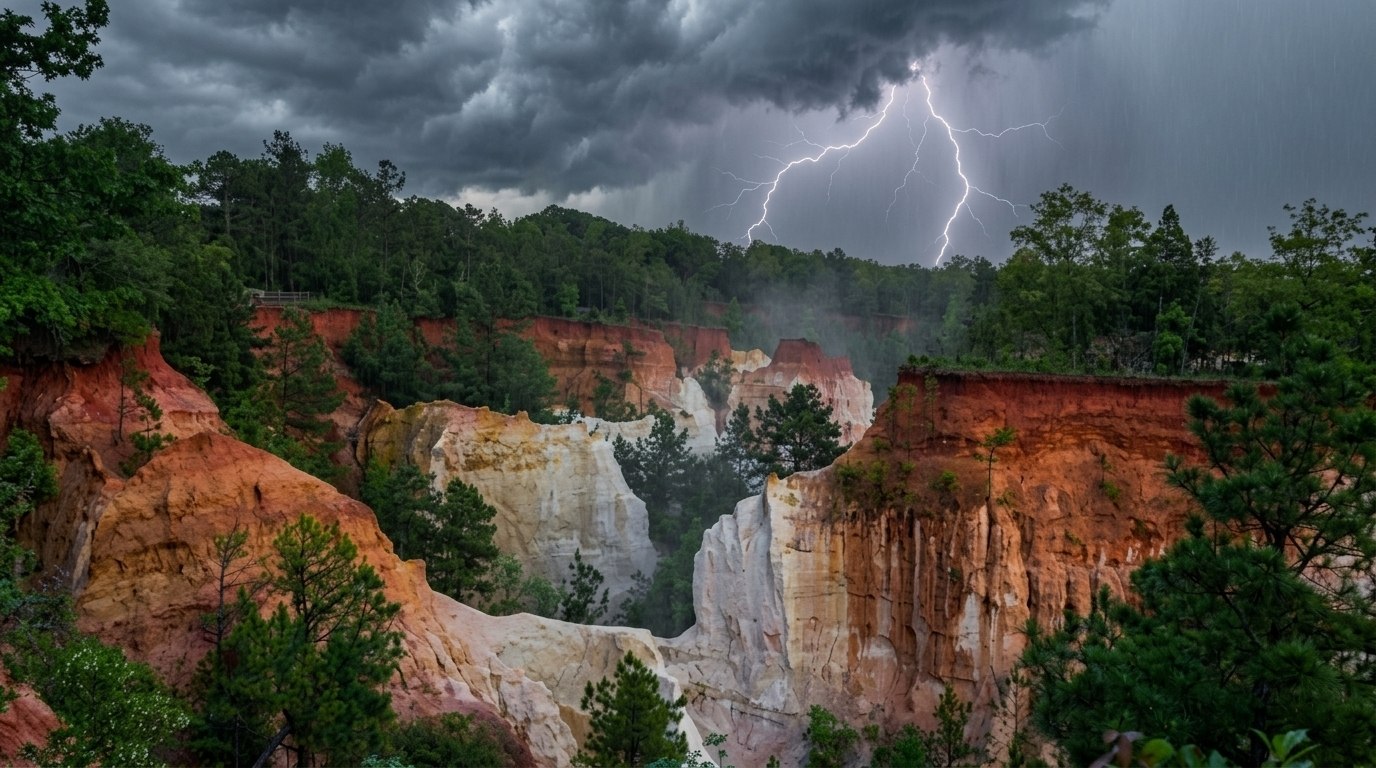 Dramatic lightning over colorful red and white cliffs of Providence Canyon State Park