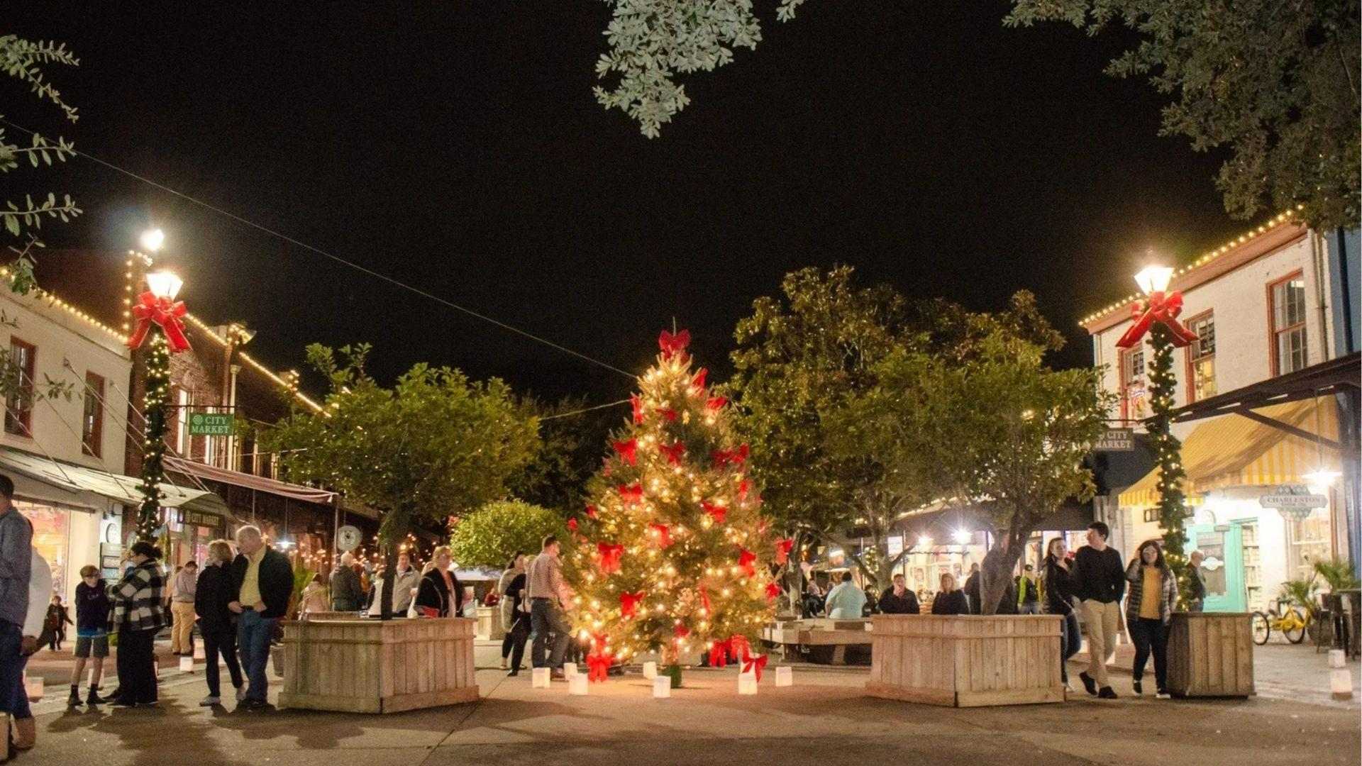 Christmas tree decorated in the center of City Market in Savannah during peak winters with tourists.