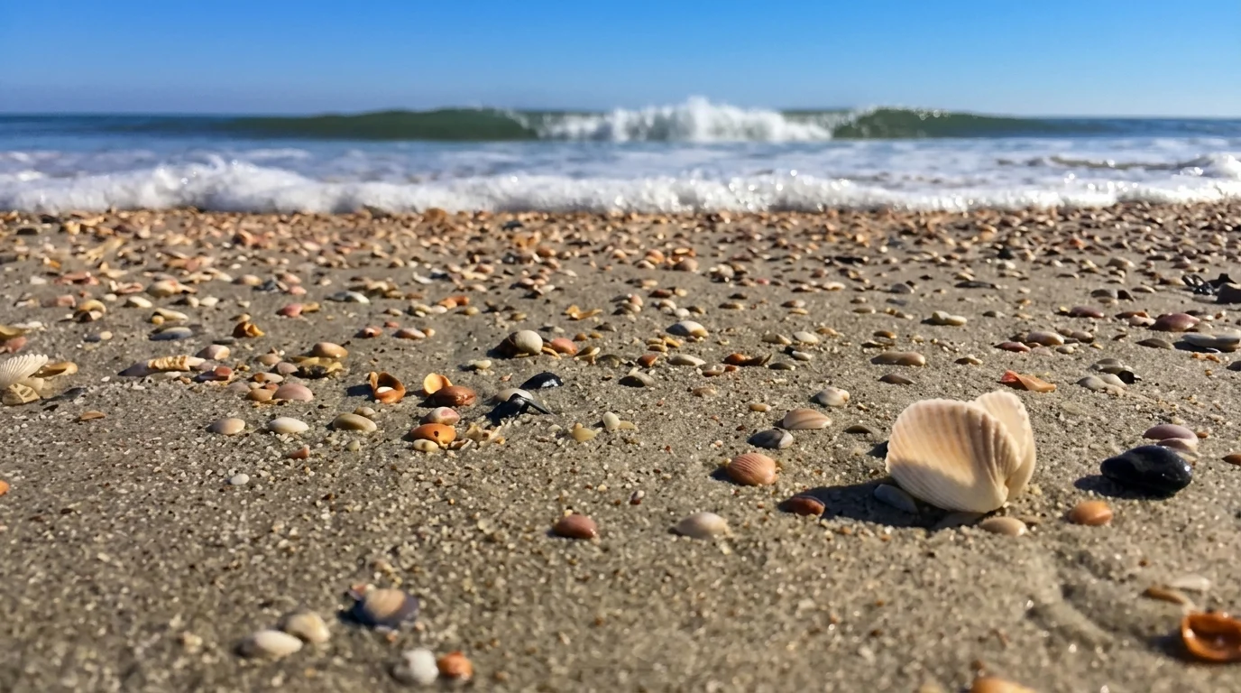 Seashells scattered across the sandy beach of Hilton Head Island.