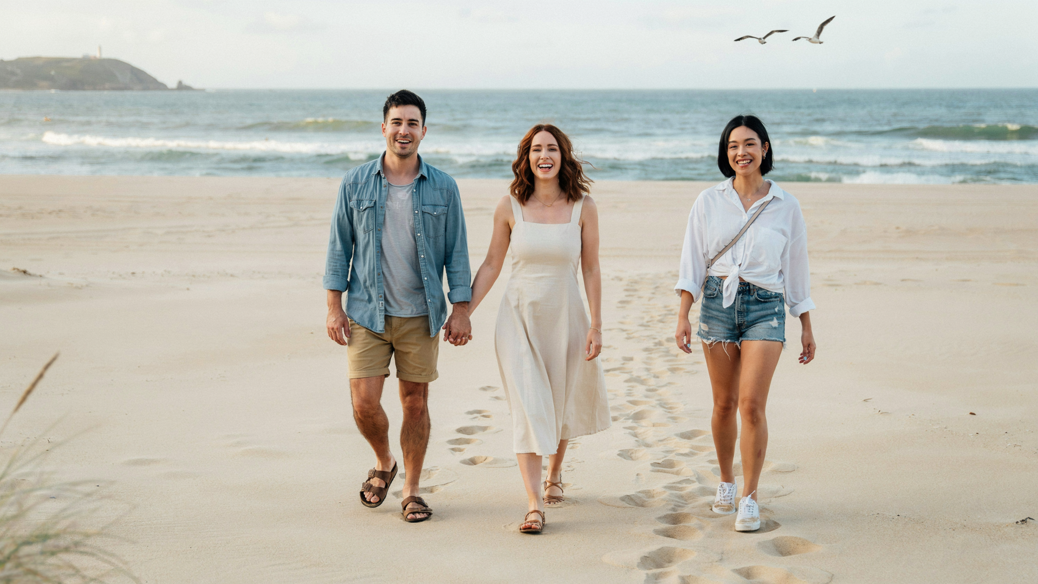 Three friends walking on a sandy beach near ocean waves, smiling together under the clear coastal sky.