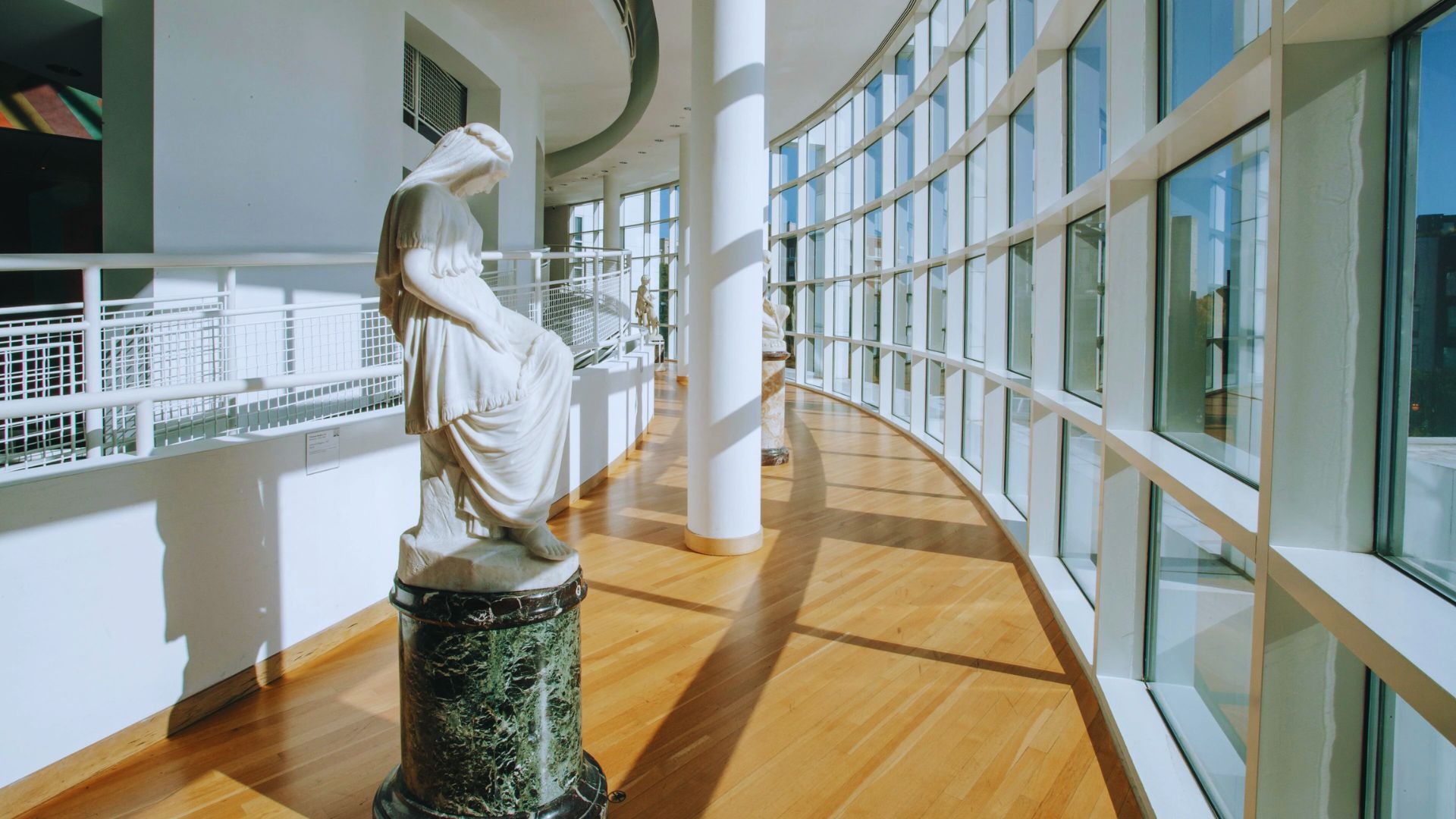 Sunlit gallery corridor inside High Museum of Art featuring marble statue and expansive curved glass windows.