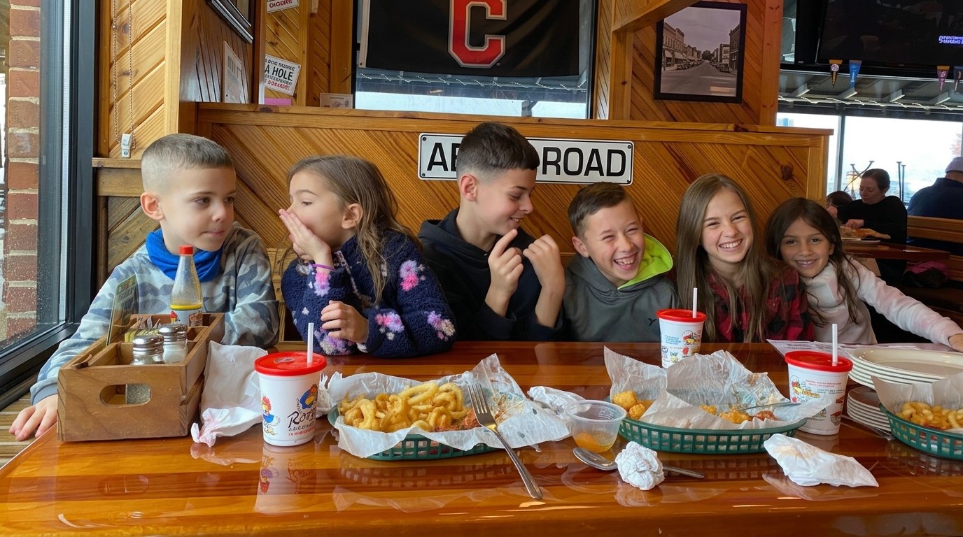 children enjoying their meals at a restaurant.