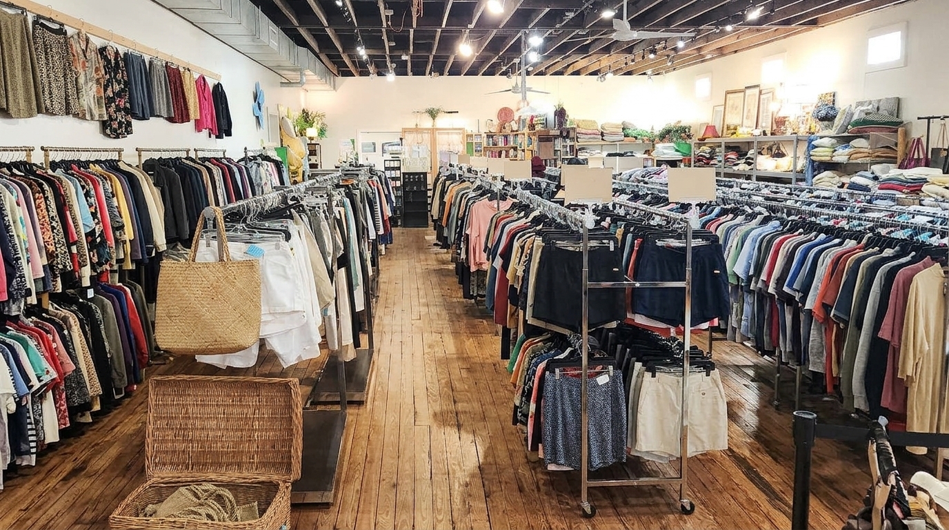 Wood-floor Savannah GA thrift shop packed with clothing racks, wicker baskets, and home goods.