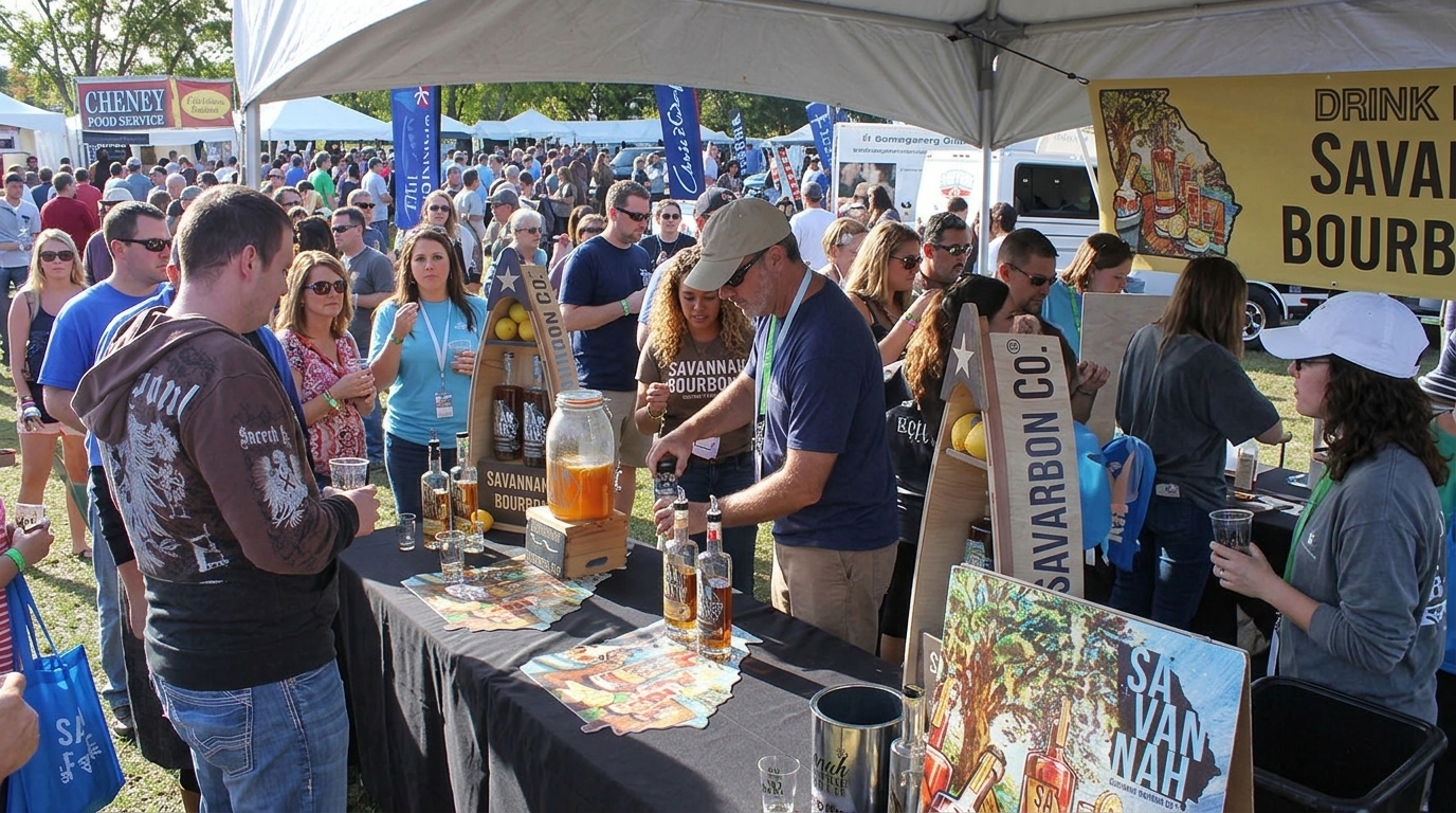 Attendees sample local bourbon and drinks at Savannah Food and Wine Festival tents.