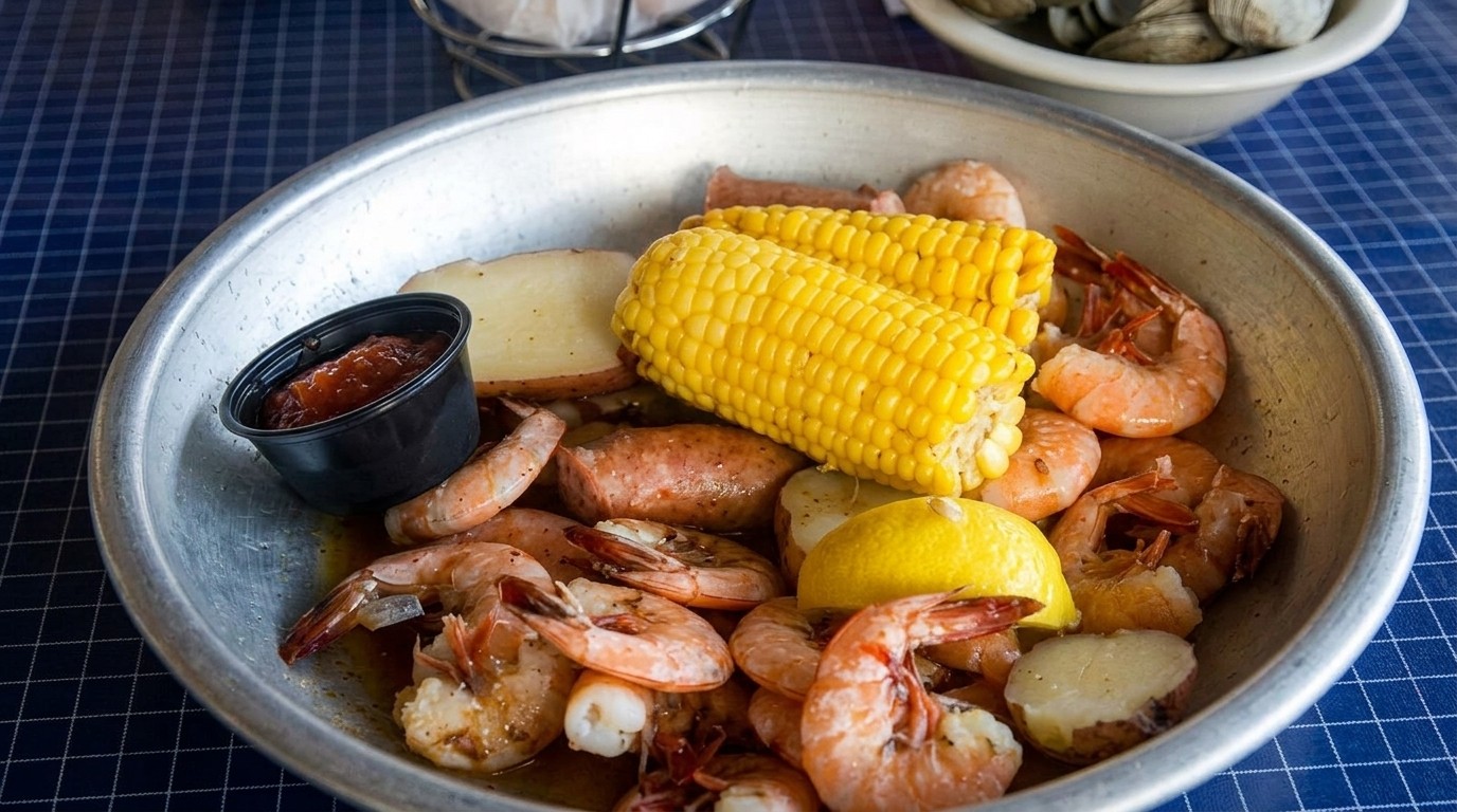Lowcountry boil with shrimp, corn, sausage, potatoes, lemon, and sauce in a large bowl.