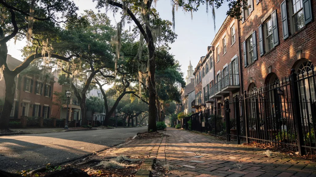 Jones Street Savannah lined with live oak trees, Spanish moss, brick sidewalks, and historic homes in the city's historic district.