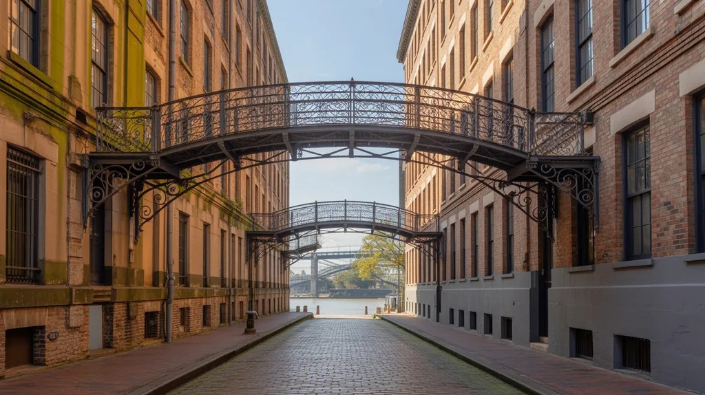 Historic brick warehouses and cobblestone paths at Factors Walk in Savannah.