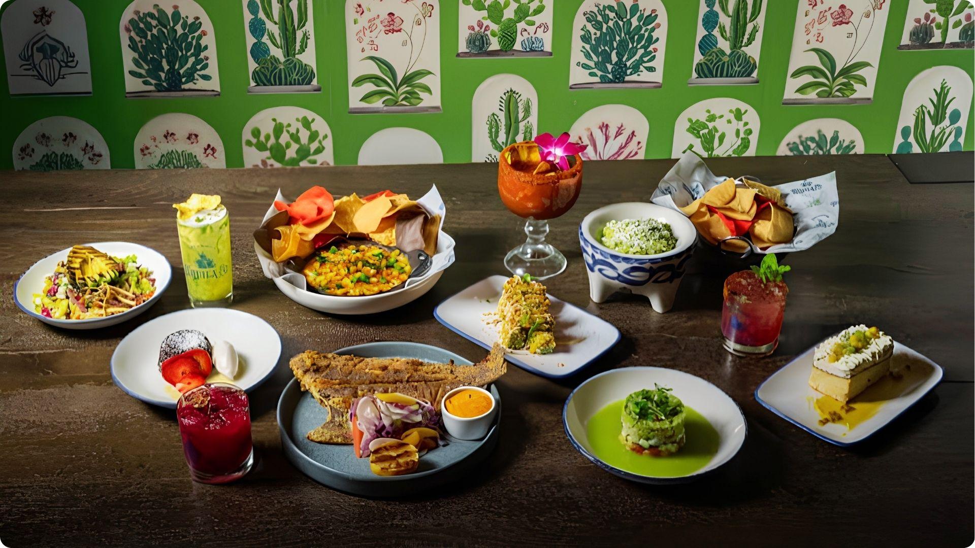Mexican dishes, guacamole, chips and cocktails spread for festive happy hour in Savannah bar