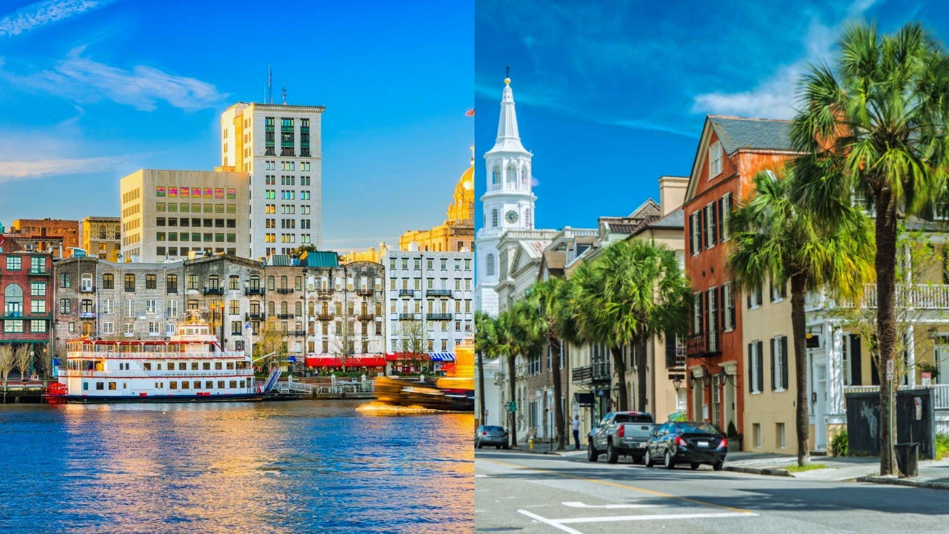 Split view of Savannah riverfront with riverboat and historic palm-lined street with steeple