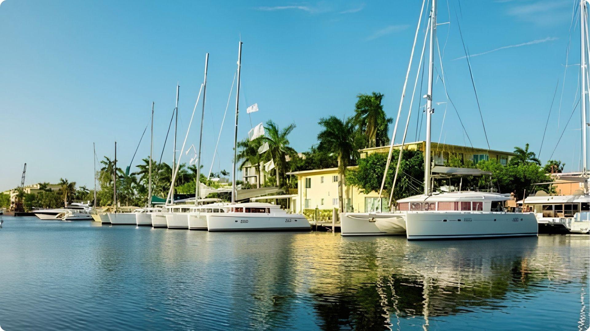 Row of white yachts docked at sunny marina with palms, romantic boat tour for couples Myrtle Beach.