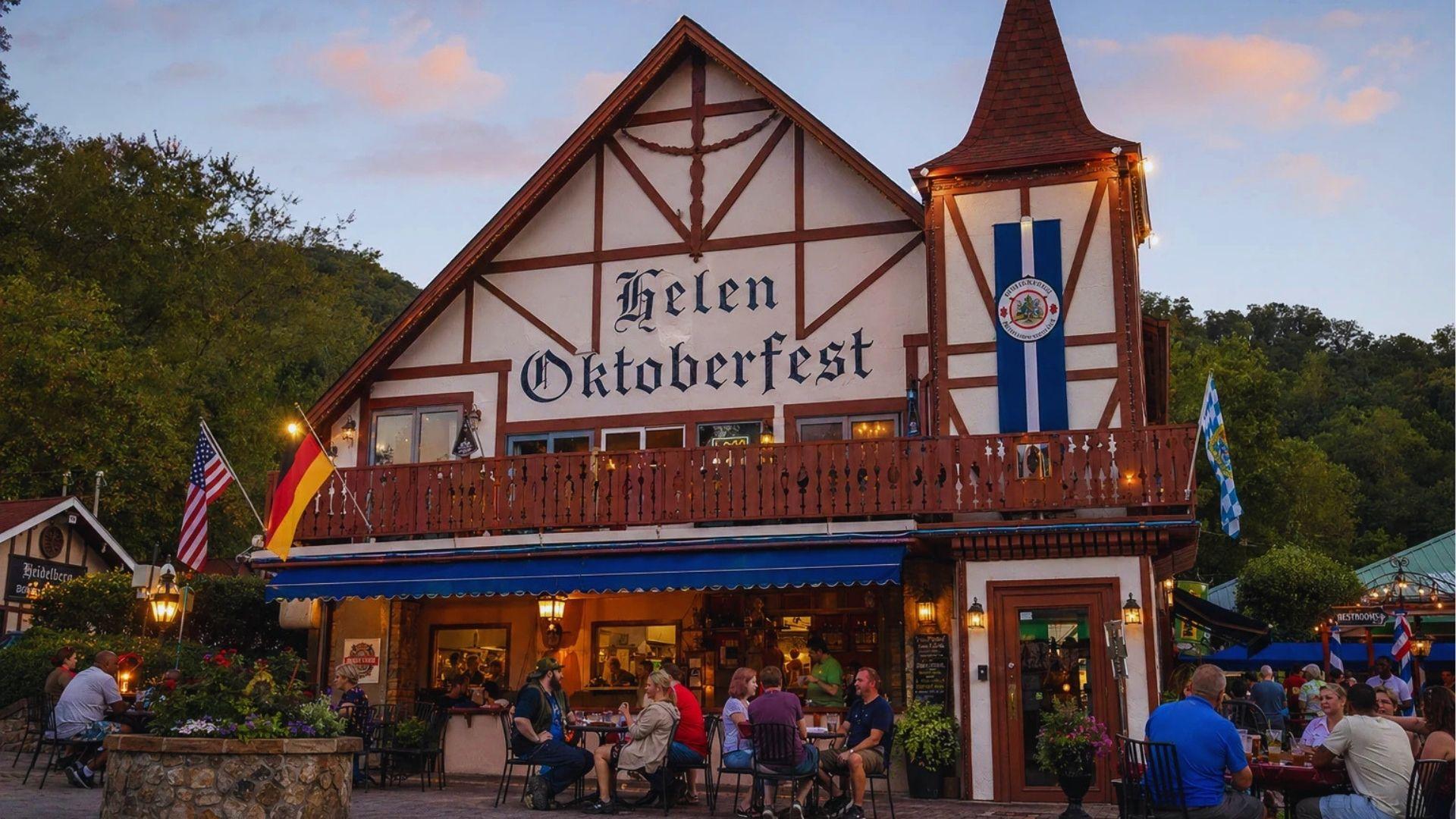 Helen Oktoberfest building illuminated at dusk with American and German flags and outdoor diners seated.
