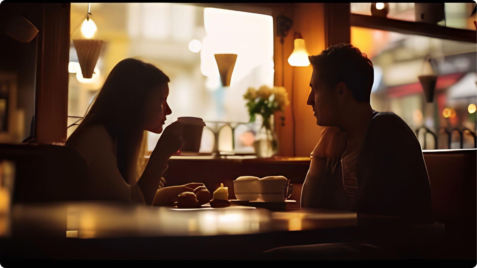 Romantic couple sharing coffee and pastries in cozy cafe at night during Myrtle Beach getaway
