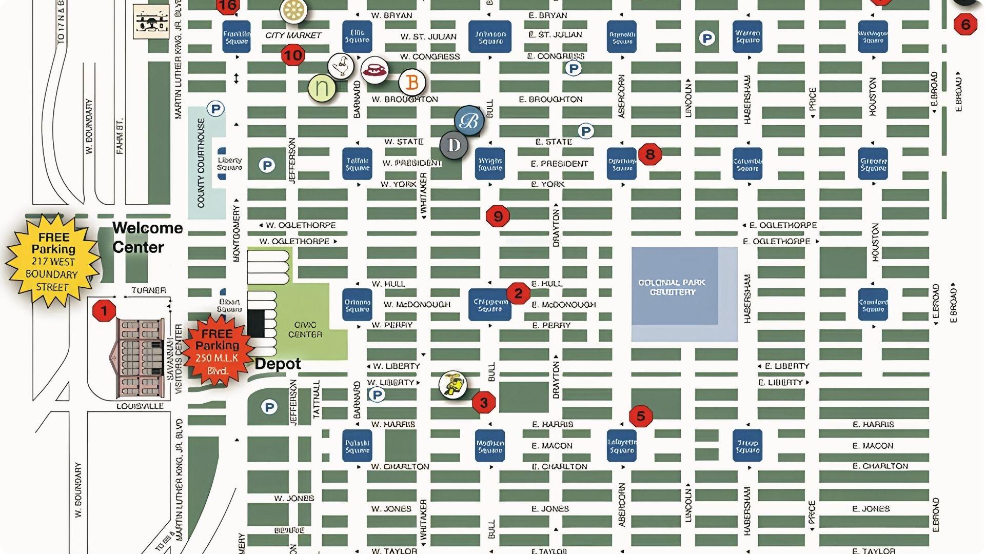 Savannah Walking Tour Map, a complete historic map of Savannah.