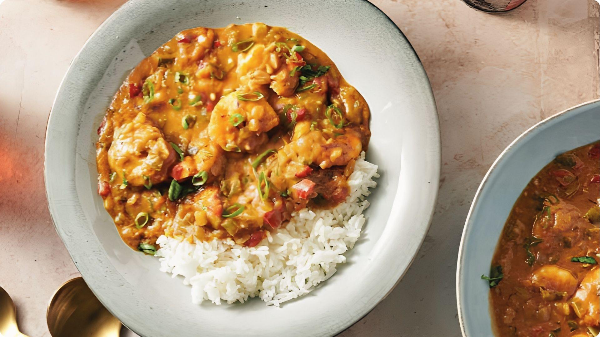 Spicy New Orleans étouffée over fluffy white rice, rich Creole stew with peppers and scallions.