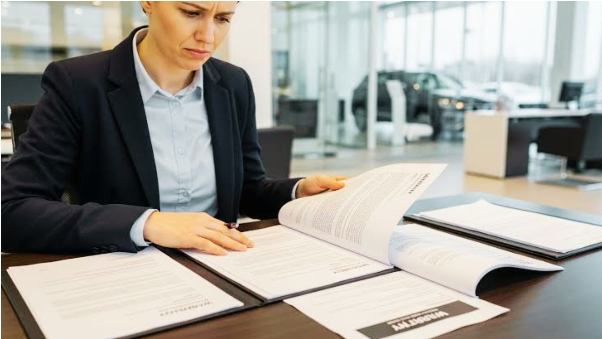 Woman reviewing warranty documents to determine Georgia Lemon Law vehicle eligibility.