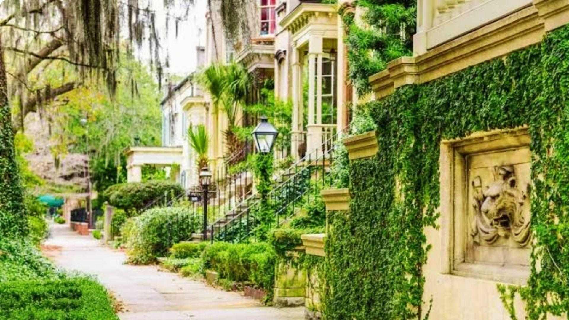 Ivy-covered historic townhouses on Jones Street in Savannah historic district in fall