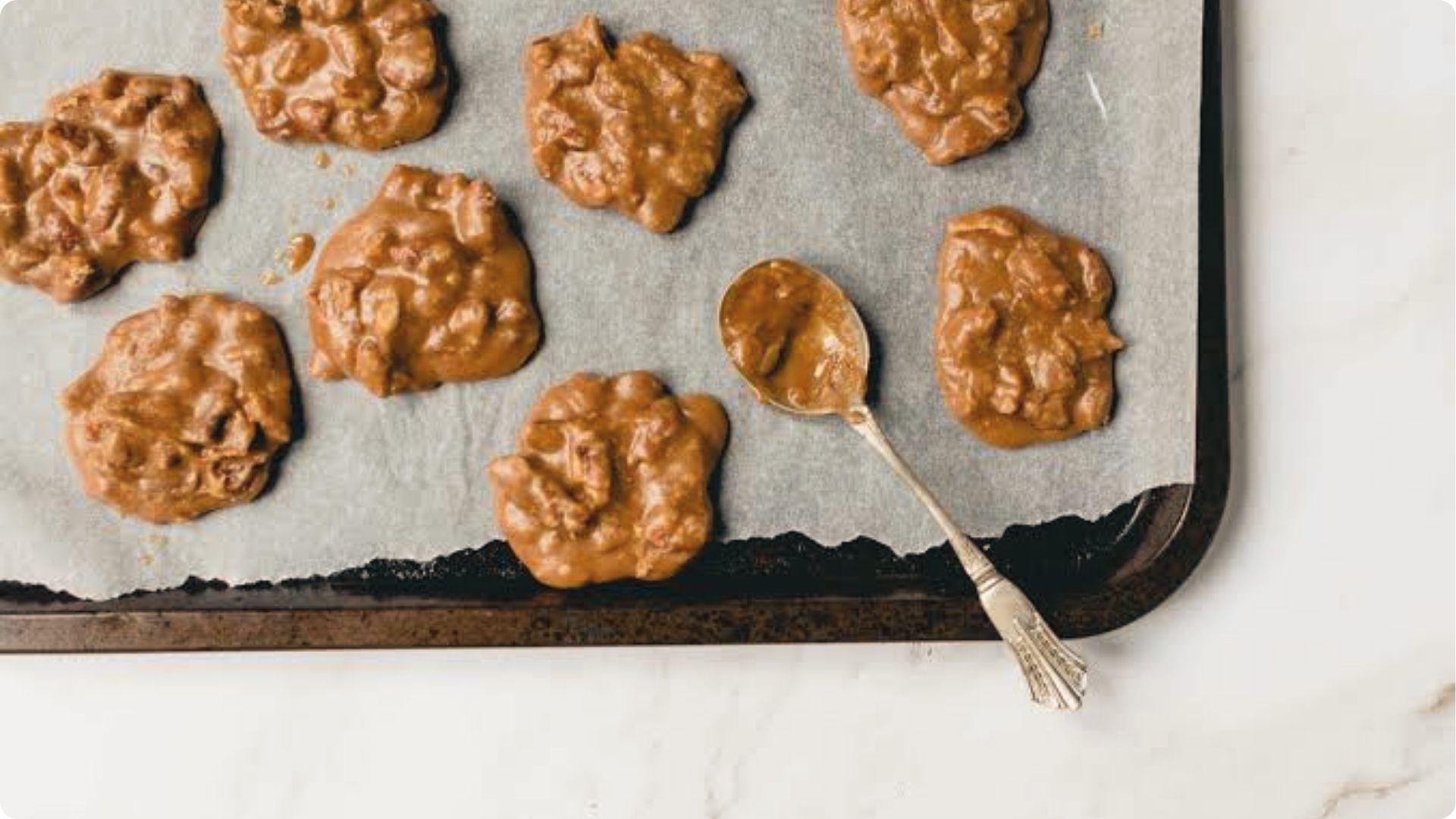 Fresh New Orleans pecan pralines cooling on a parchment tray with a spoon, sweet Southern candy treat.