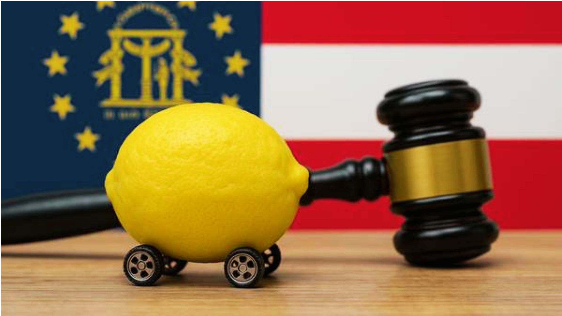 Lemon toy car with judge gavel before Georgia state flag
