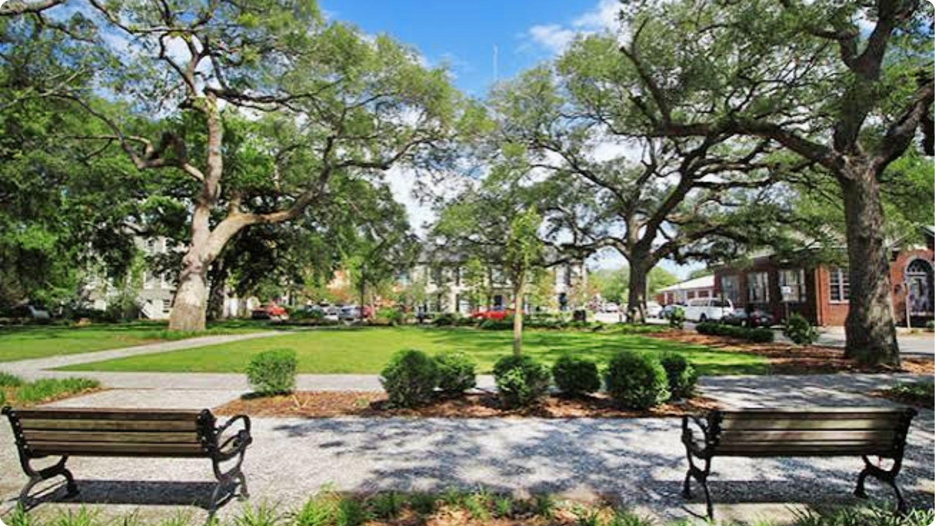 Peaceful Savannah square with benches under sprawling live oaks on historic walking tour route.