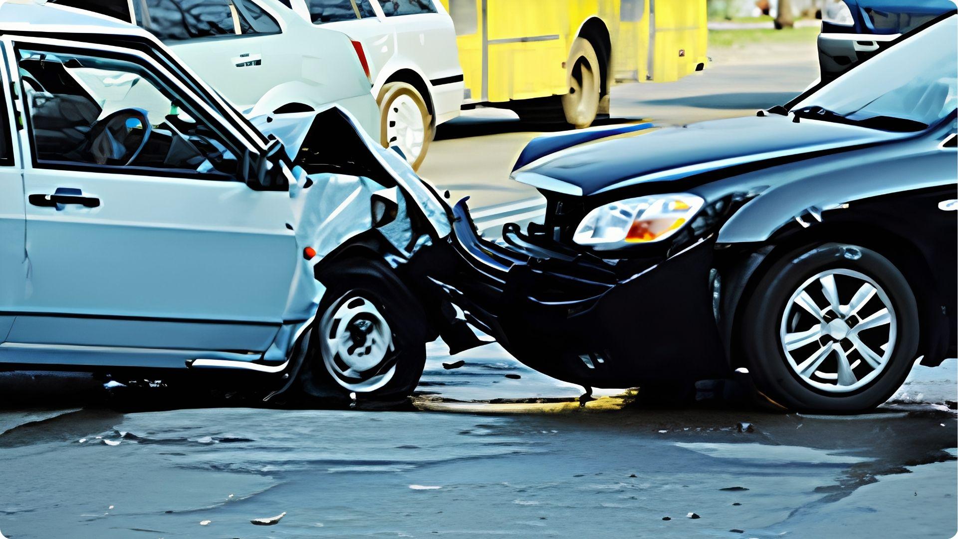 Two cars with severe front-end collision damage on road, Georgia fault accident example.