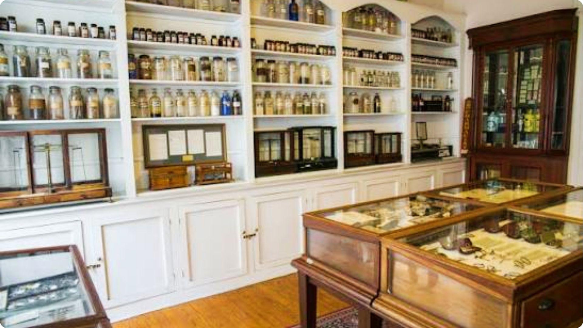 Antique apothecary jars at New Orleans Pharmacy Museum, unique French Quarter historical attraction