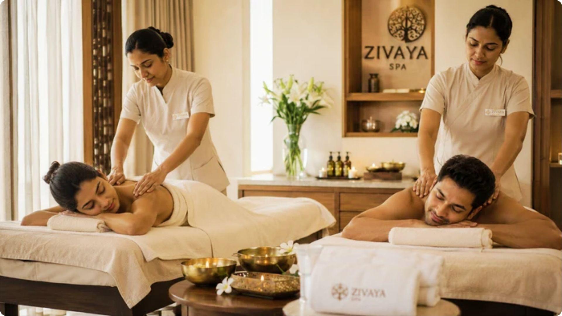 Couple enjoying side by side spa massage together, romantic wellness retreat in Myrtle Beach SC