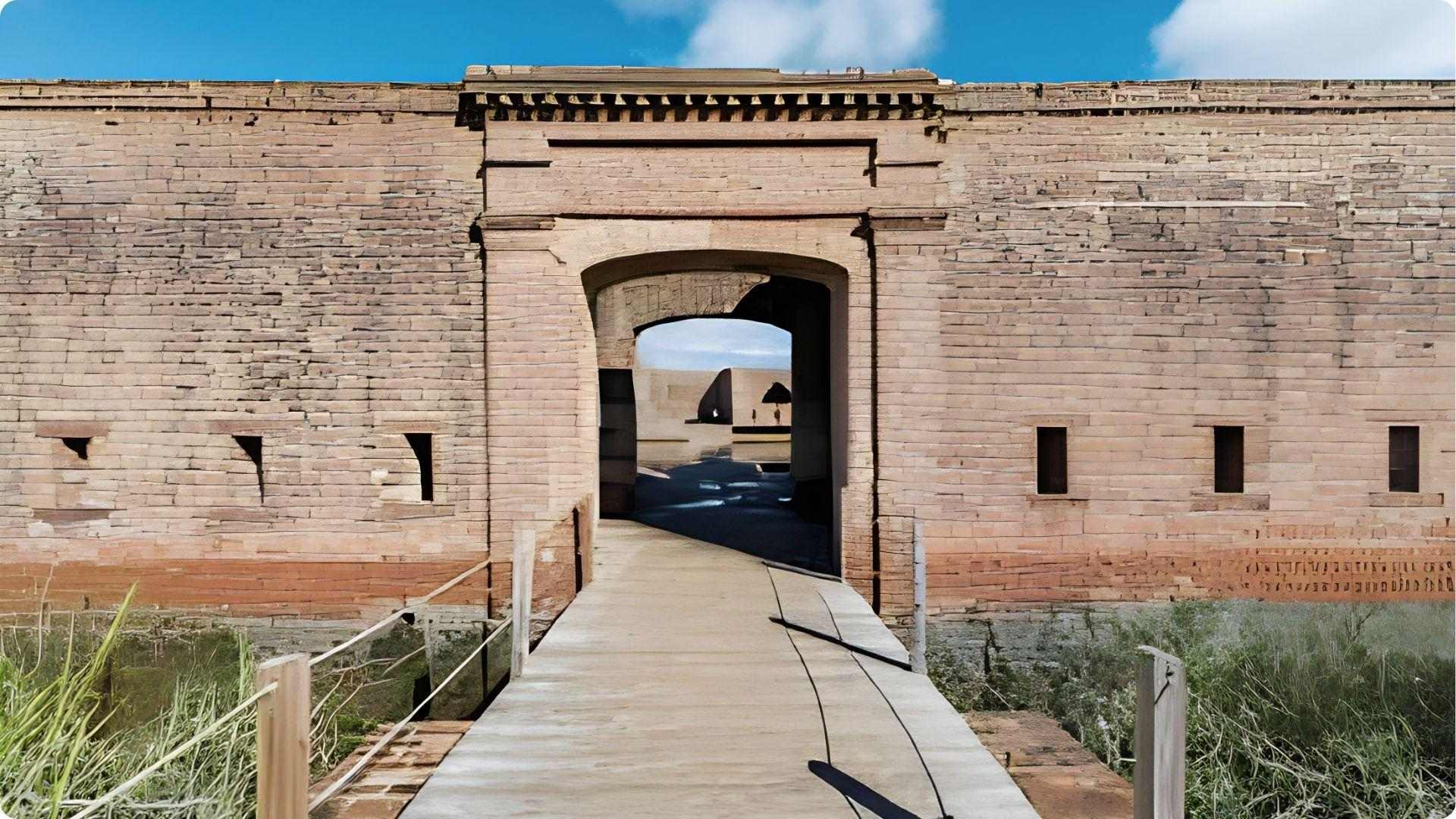 Historic brick entrance gate of Old Fort Jackson with wooden bridge over moat in Savannah GA