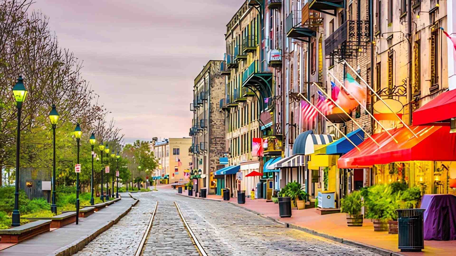 Cobblestone River Street lined with colorful shops and glowing street lamps