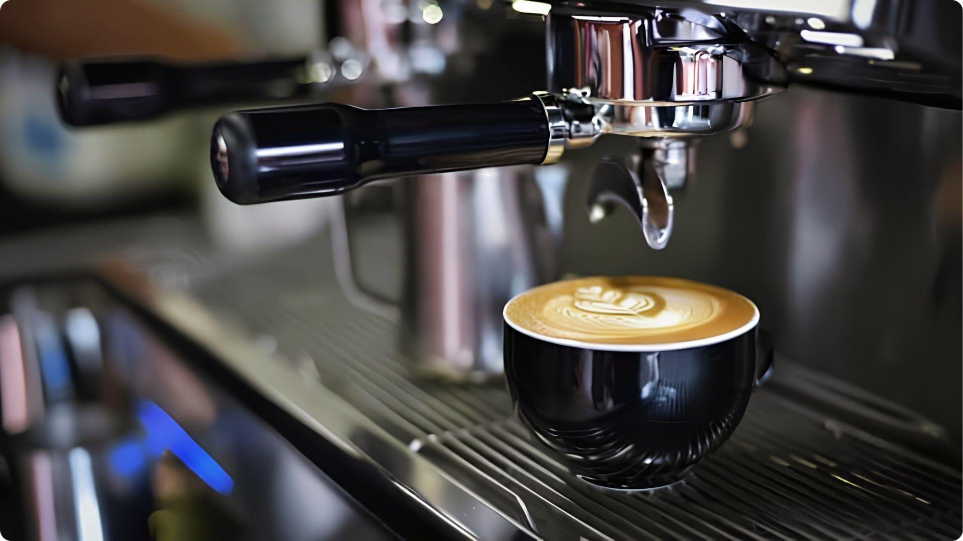 Black cup rosetta latte art under espresso machine, expert brew at best coffee Savannah cafe spot