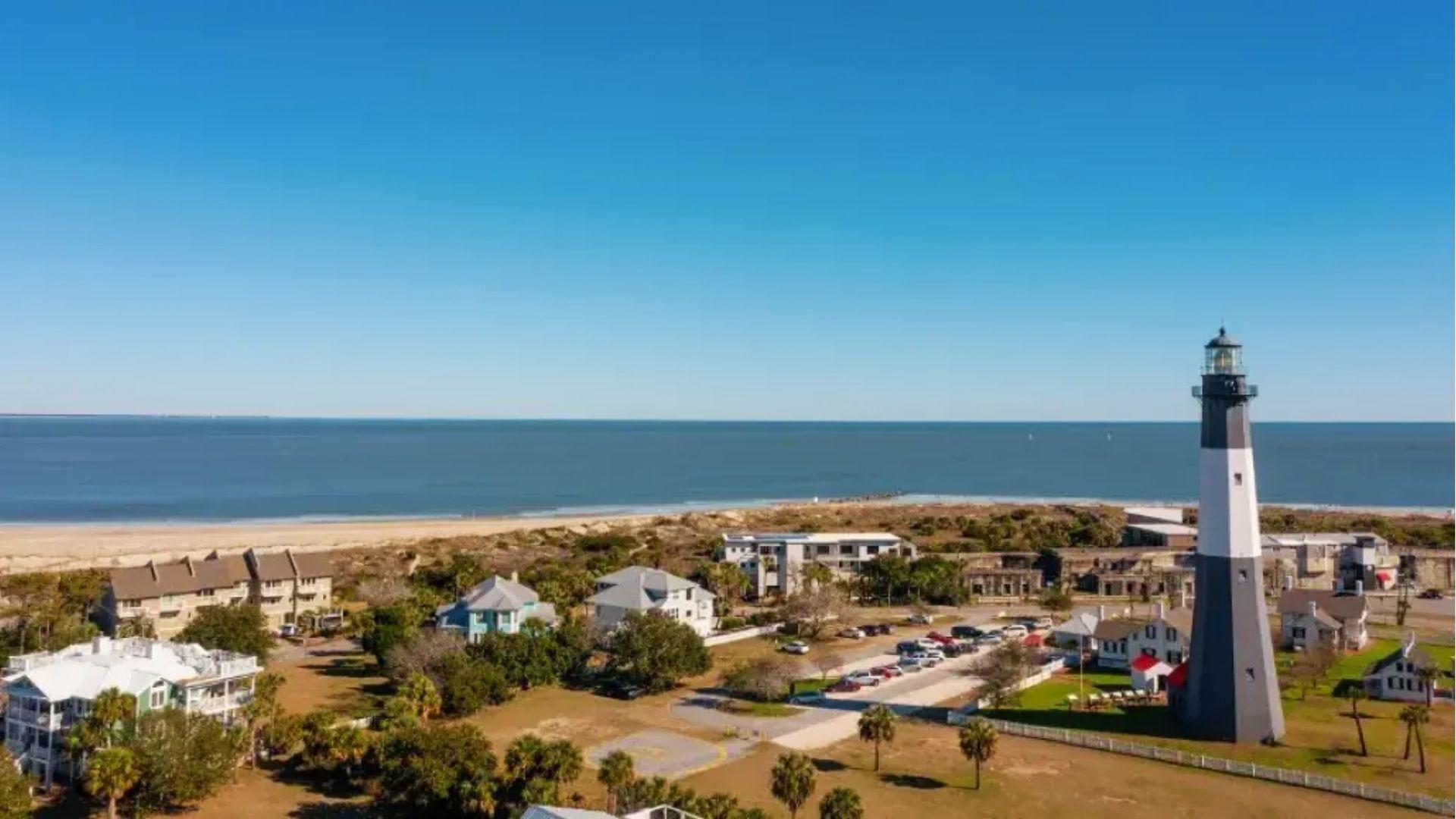 Tybee Island Lighthouse overlooking beach and ocean near Savannah