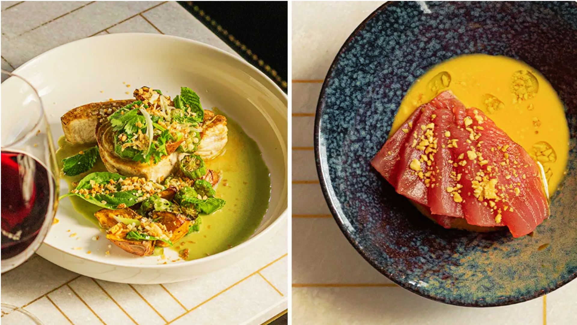 Gourmet seafood dishes with fresh herbs and yellow sauce at Savannah restaurant