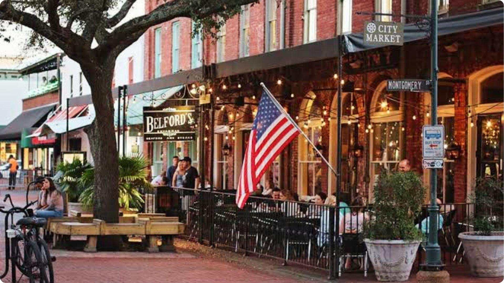 Historic City Market on Montgomery Street with Belfords restaurant outdoor dining in Savannah