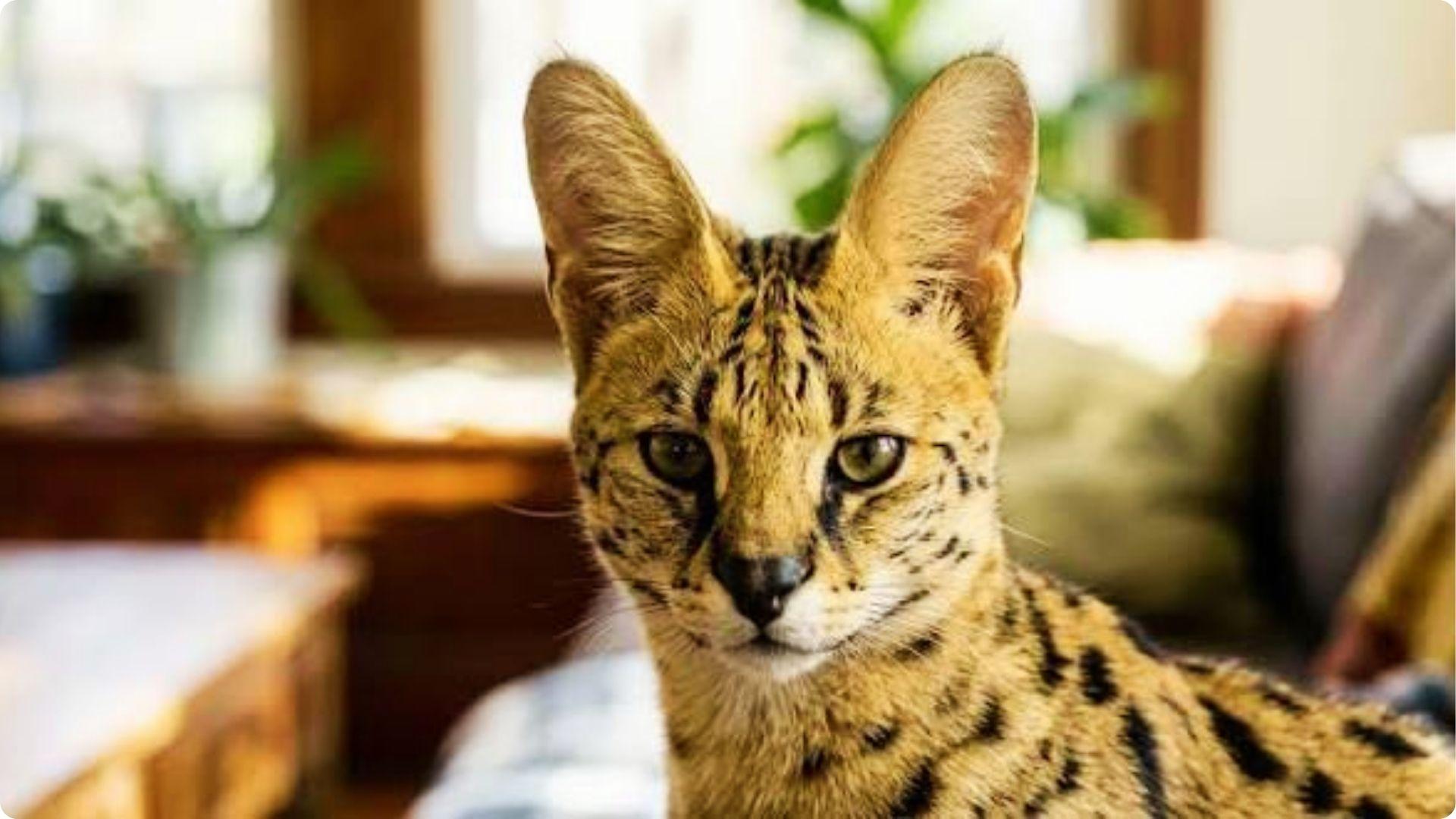 Close-up Savannah cat with large pointed ears and spotted golden coat indoors showing impressive size