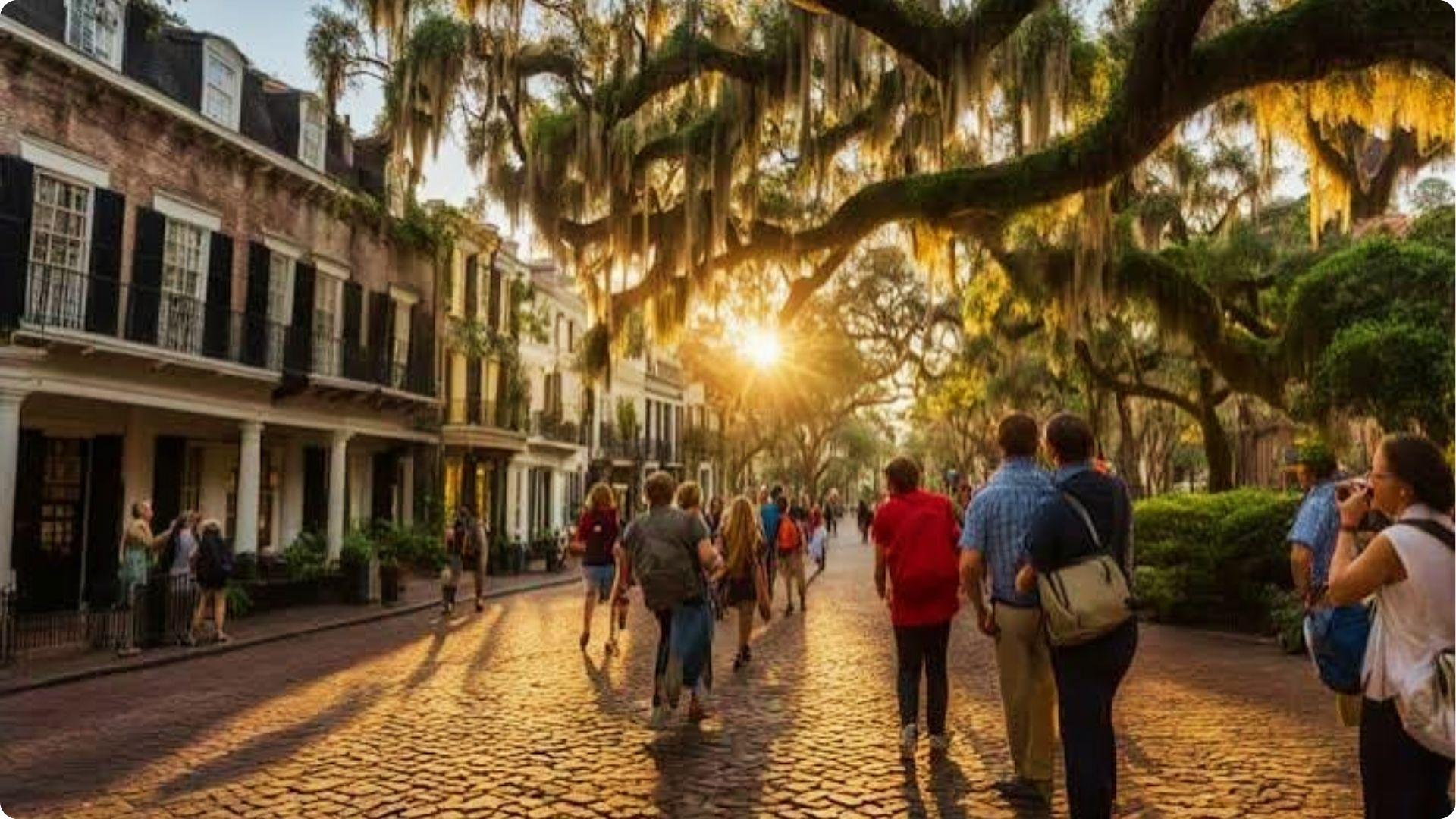 Tourists strolling cobblestone street at sunset under mossy oaks on Savannah walking tour map route.