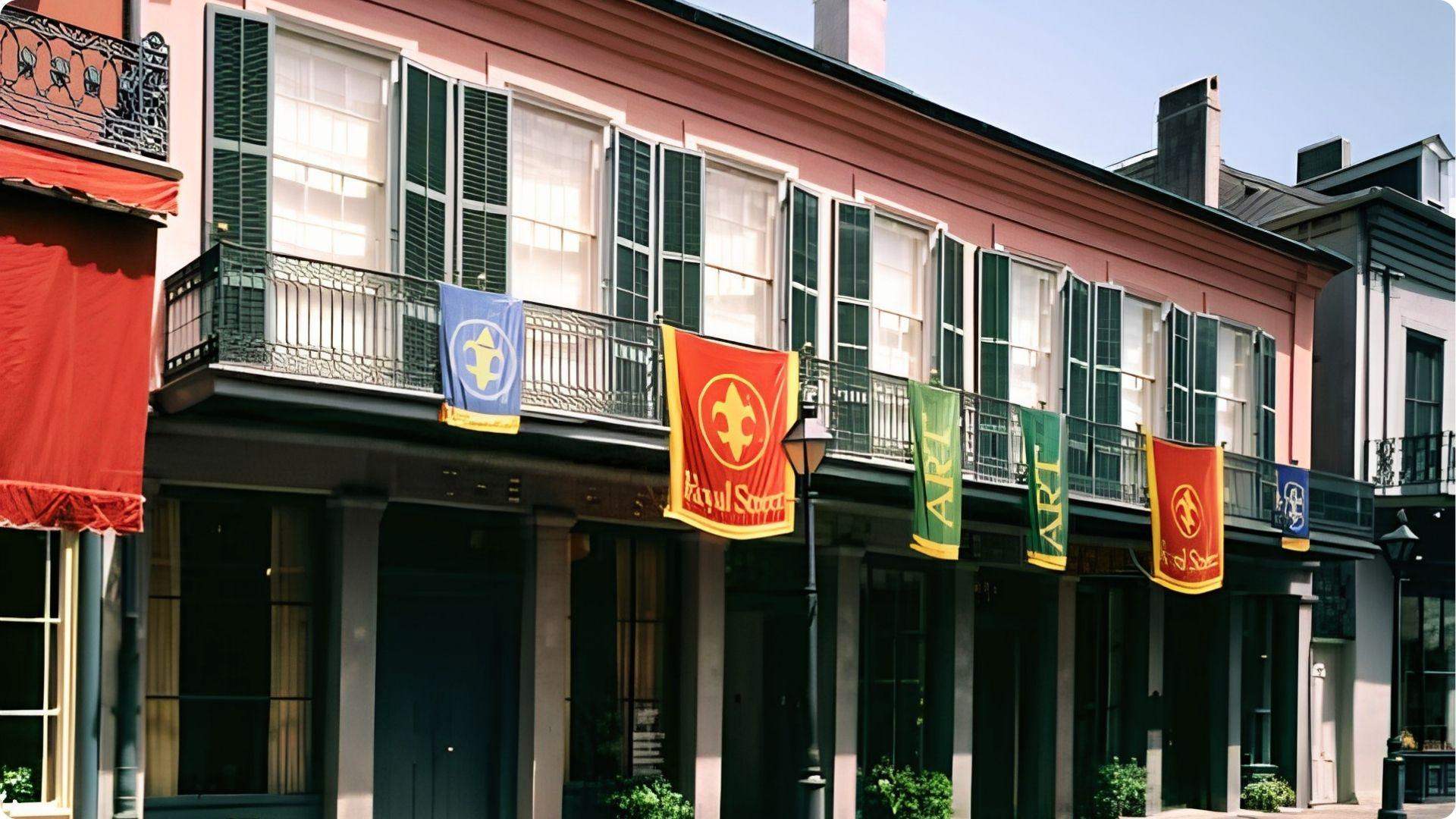 Colorful Royal Street balcony with fleur-de-lis art flags, best street for gallery hopping in French Quarter