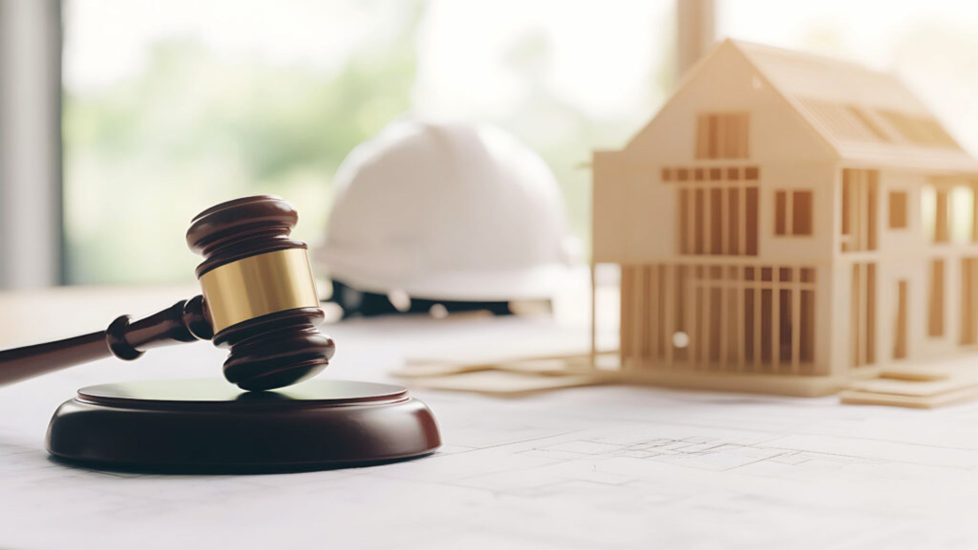 Judge gavel with house model and hard hat for illegal eviction and construction laws