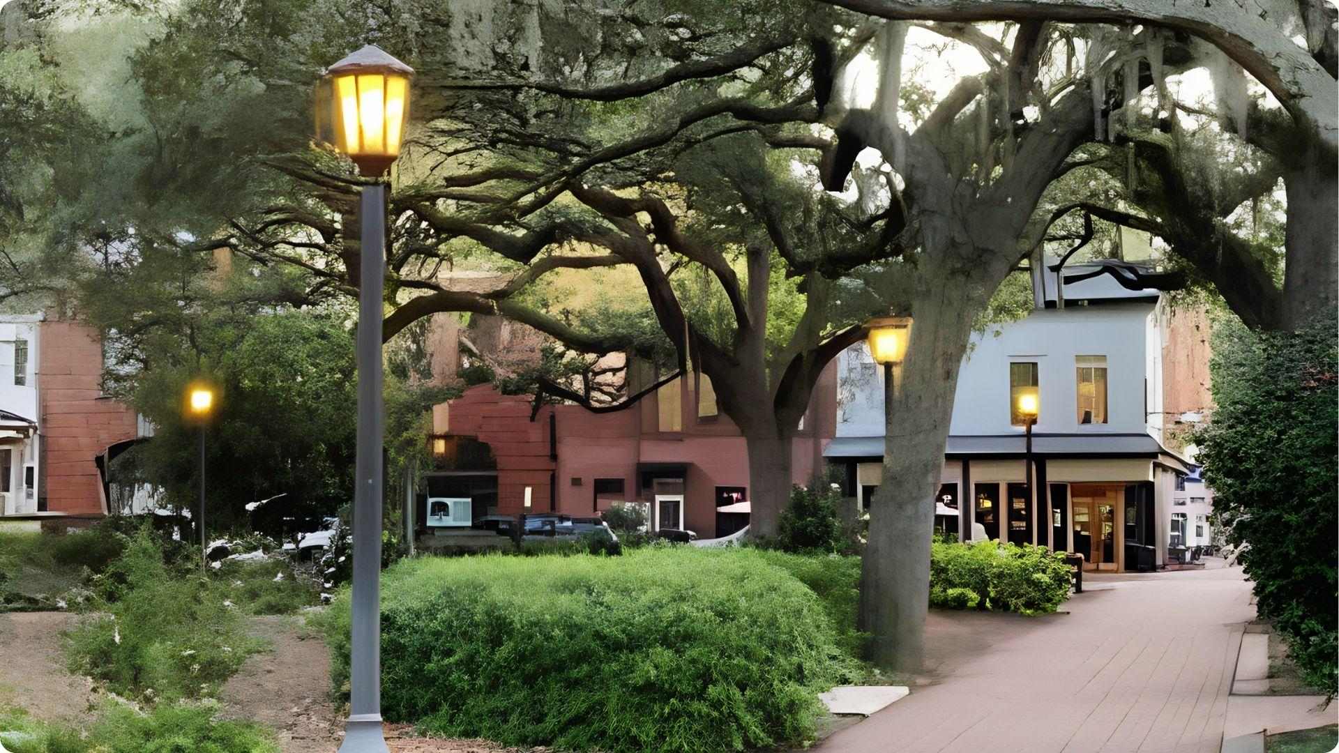 Evening lampposts glowing under twisted live oaks on a quiet Savannah walkway tour path stop.