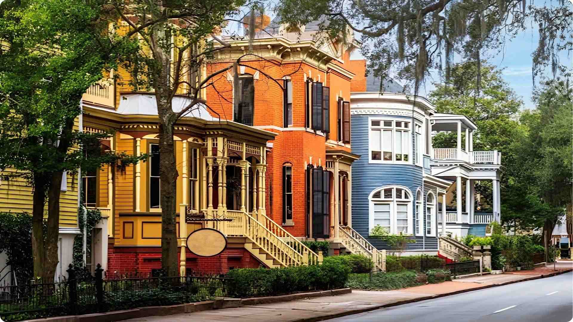 Colorful Victorian historic homes on Jones Street with oak trees and porches in Savannah Georgia