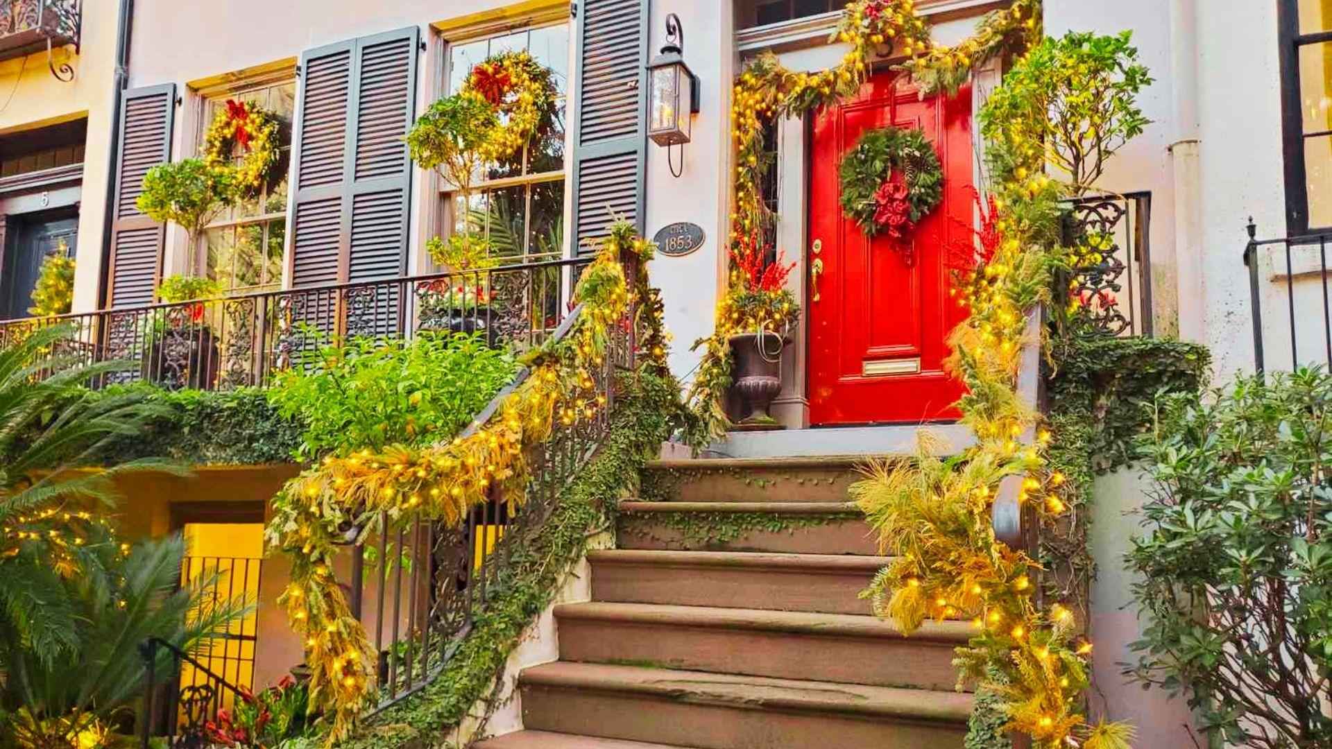 the entrance of a house decorated with lights for Christmas.