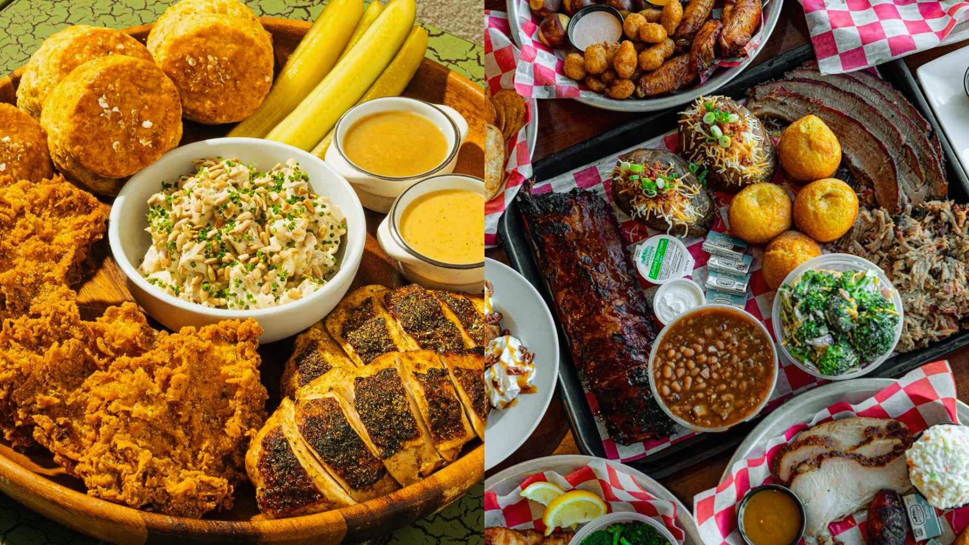 Split feast of fried chicken with biscuits and BBQ ribs with baked potatoes and sides
