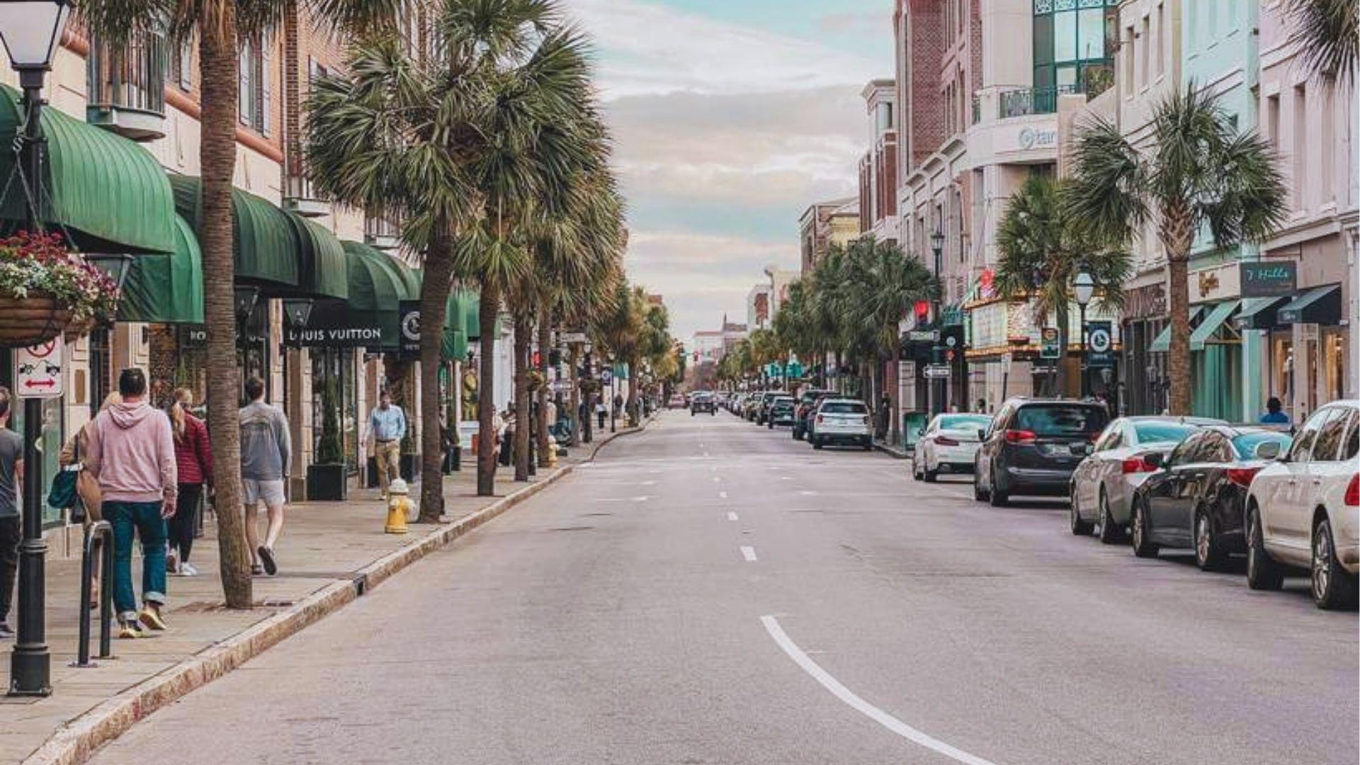 Palm-lined King Street in Charleston with luxury shops, pedestrians and parked cars under cloudy sky.