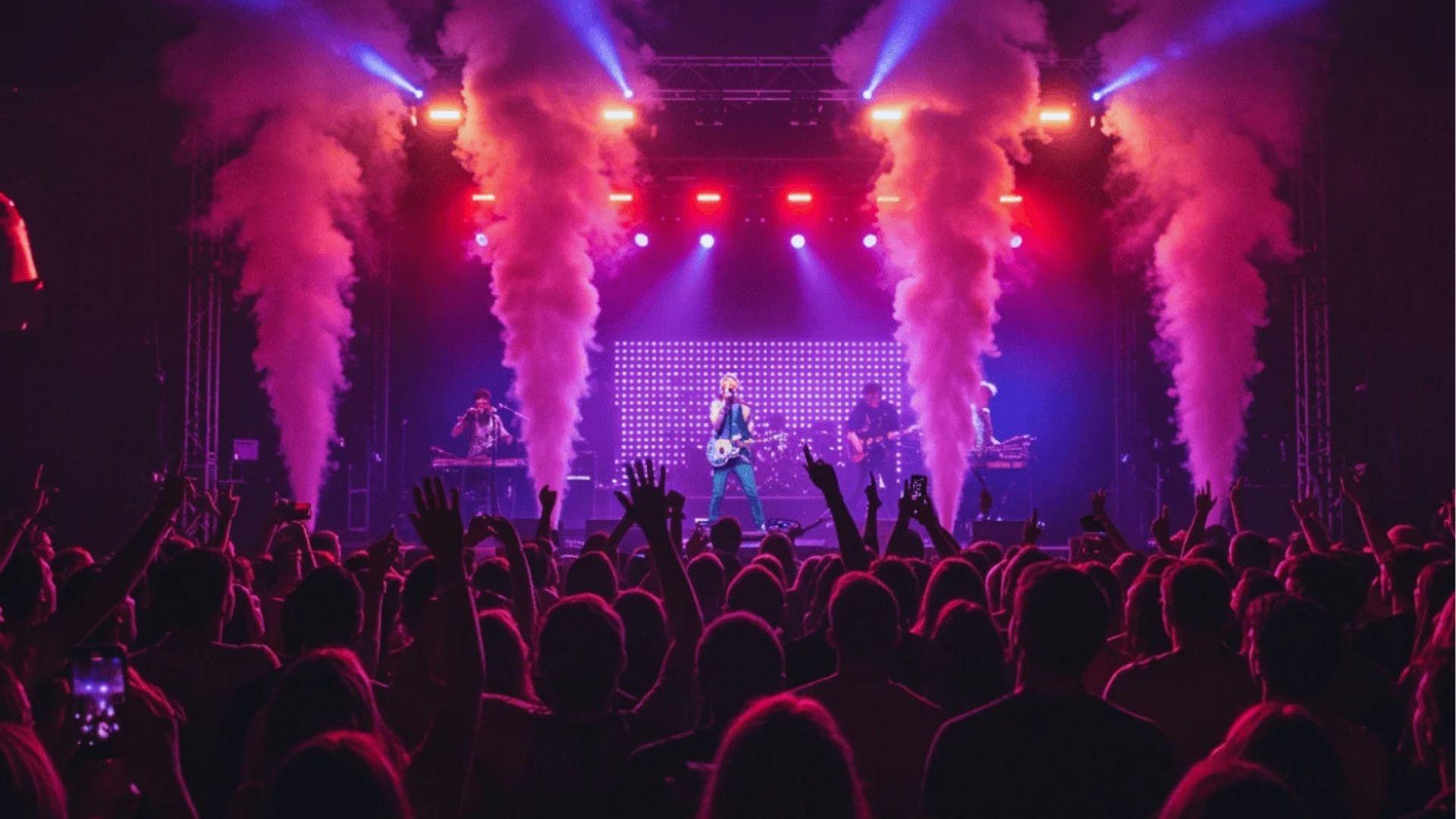 Crowd cheering at vibrant concert stage with purple smoke beams and band performing under lights.