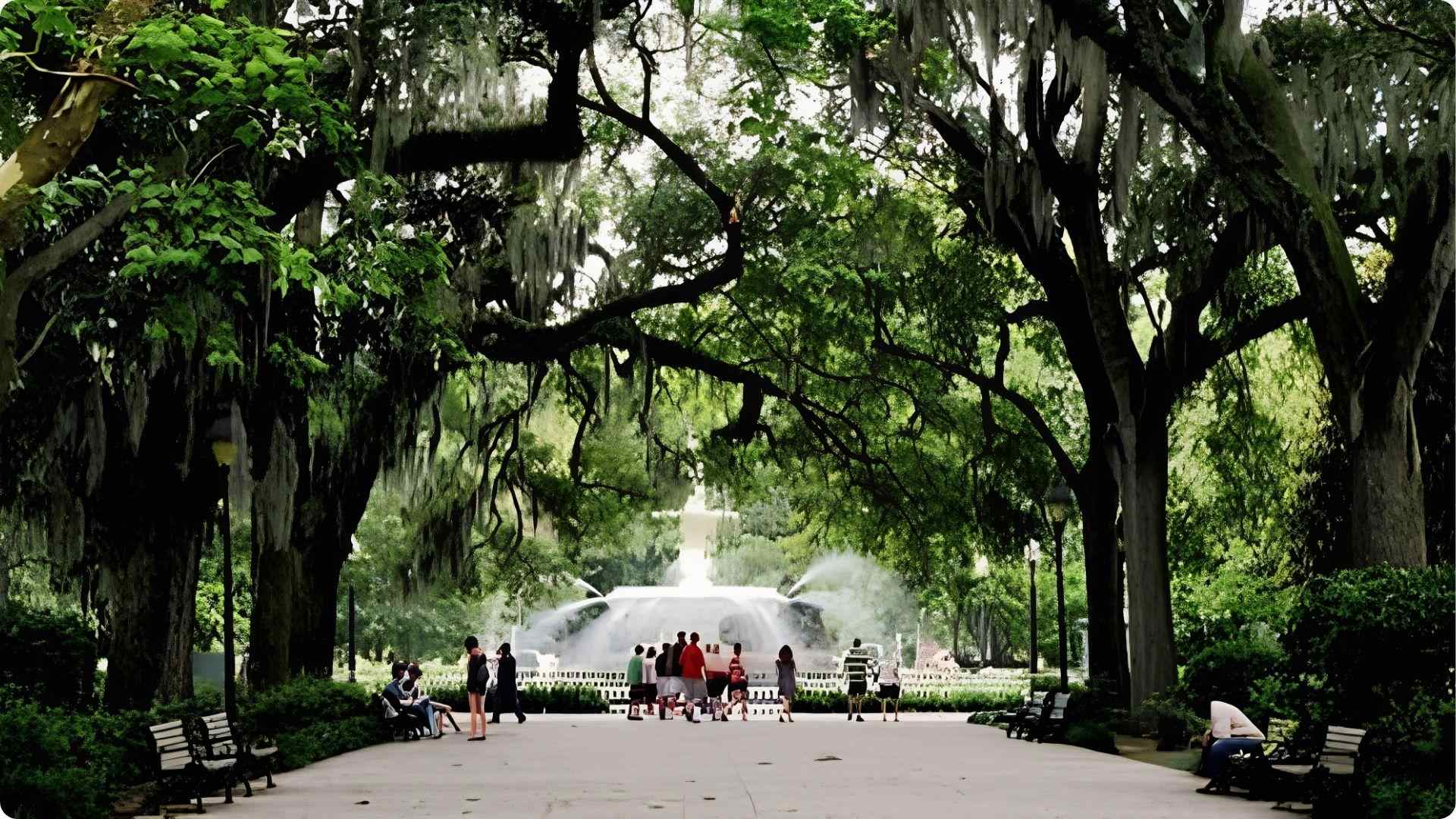Forsyth Park fountain surrounded by Spanish moss oak trees and visitors in Savannah Georgia