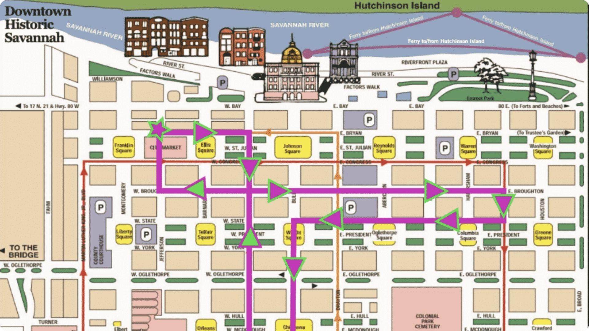 Colorful map for Self Guided Walking Tour of Savannah.
