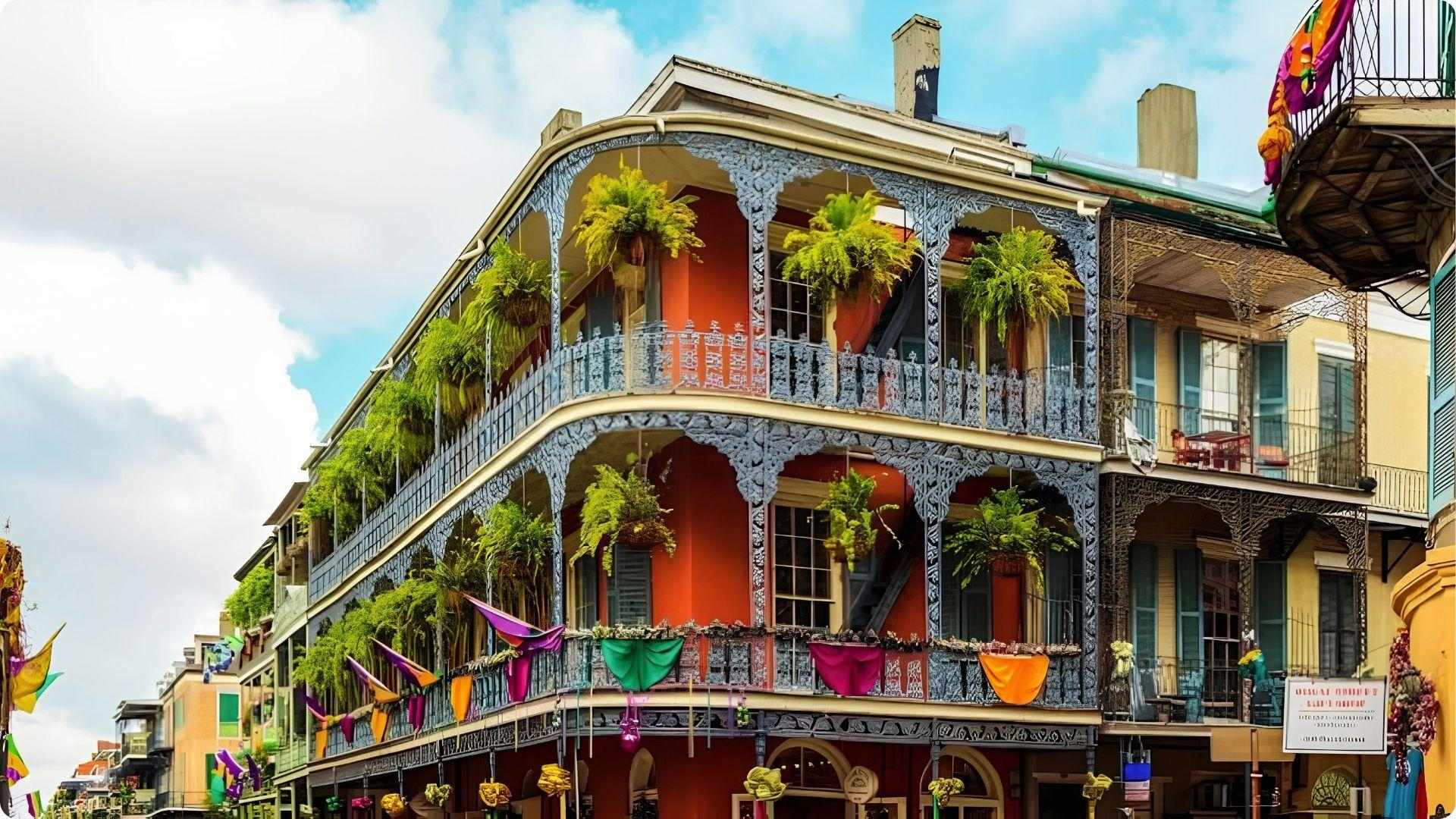 Colorful Mardi Gras decorated balcony with iron railings, iconic photo spot in New Orleans French Quarter