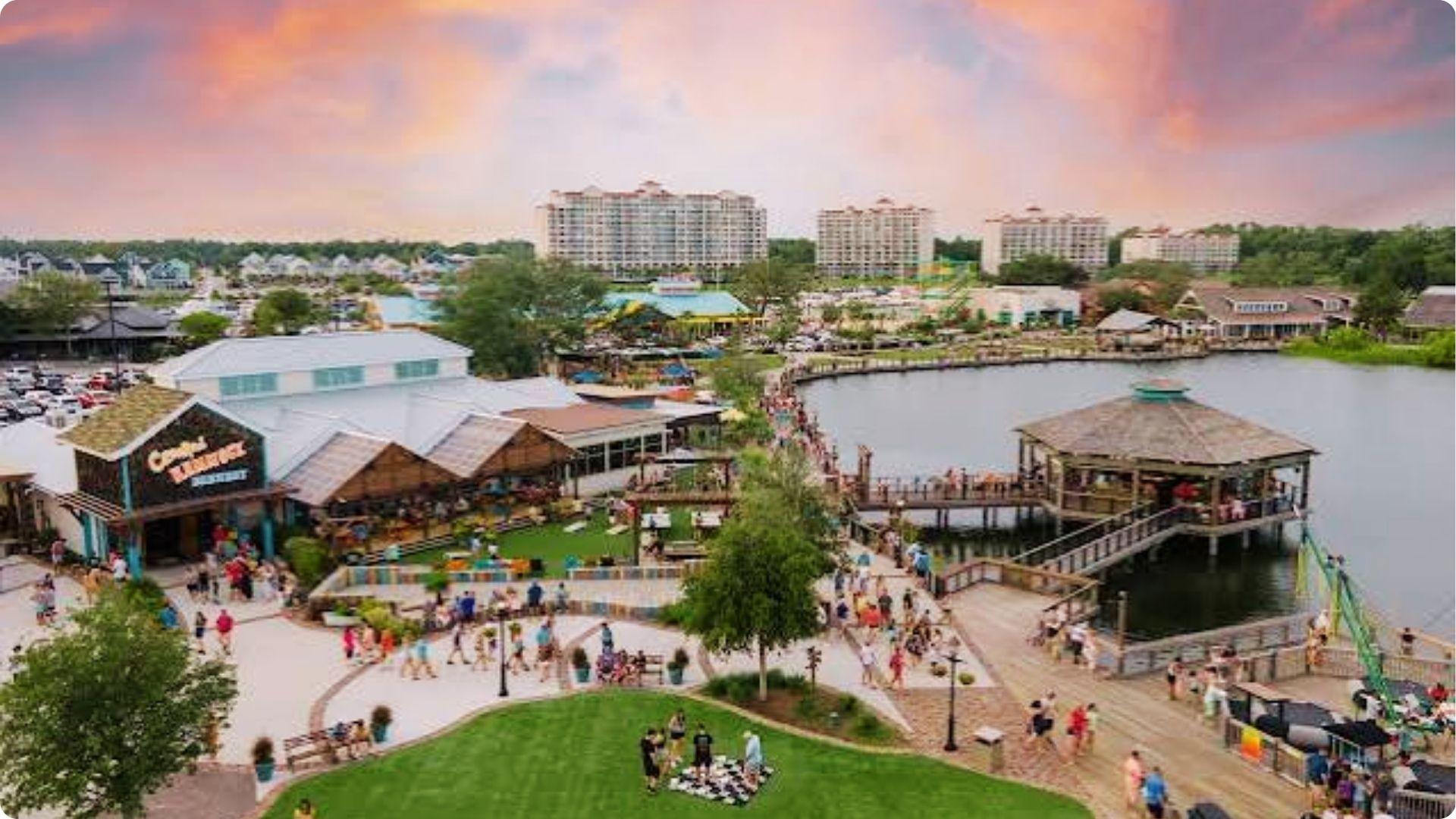 Aerial view of Barefoot Landing, customers doing shopping and dining.