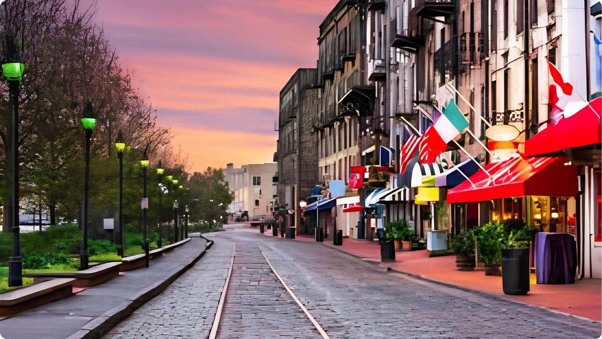 Sunset view of River Street cobblestone road with shops flags and green lamps in Savannah GA